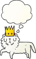 gato de desenho animado usando coroa e balão de pensamento em estilo gradiente suave vetor