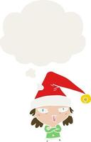 garota dos desenhos animados usando chapéu de natal e balão de pensamento em estilo retrô vetor