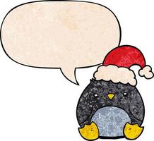 pinguim bonito dos desenhos animados usando chapéu de natal e bolha de fala no estilo de textura retrô vetor