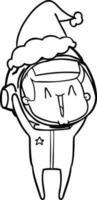 desenho de linha feliz de um astronauta usando chapéu de papai noel vetor