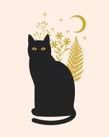 gato preto com plantas, lua, estrelas. boho místico clipart celestial. ilustração vetorial. vetor