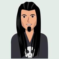 retrato de um homem com cabelo comprido. belo jovem com cabelo preto. fã de rock ou metal. avatar masculino em estilo cartoon plana. vetor