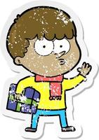 adesivo angustiado de um menino curioso de desenho animado carregando um presente vetor