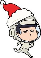 desenho de linha de um astronauta estressado usando chapéu de papai noel vetor