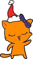 desenho de linha de um gato com laço na cabeça usando chapéu de papai noel vetor
