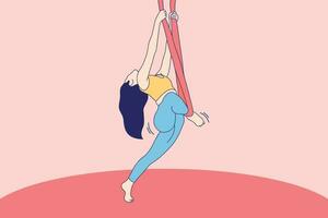 ilustrações bela jovem fazendo ioga aérea anti-gravidade na rede vermelha