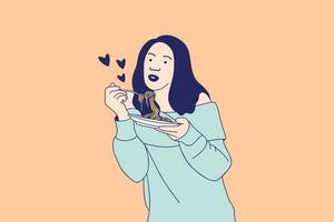 ilustrações de mulher jovem e bonita comendo macarrão saboroso espaguete italiano em casa