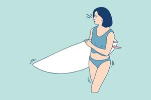 ilustrações bela jovem segurando a prancha de surf na praia vetor