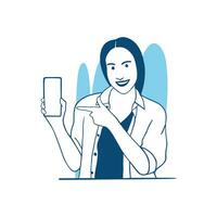 ilustração vetorial uma linda garota sorridente mostrando a tela do smartphone vetor