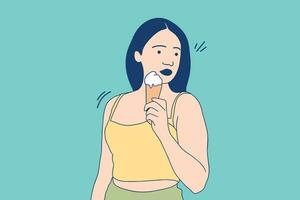 ilustrações bela jovem comendo delicioso sorvete de baunilha de cone vetor