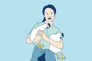 ilustrações de mulheres bonitas segurando duas galinhas na fazenda vetor