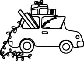 carro doodle com árvore de natal, presentes e guirlanda vetor