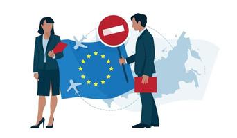 proibição de entrada em países da UE. homem e mulher em trajes de negócios, pasta na mão. imagem vetorial.