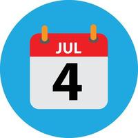ícone de calendário sinal de quatro de julho. calendário de julho vermelho sobre fundo branco. dia da independência eua. estilo plano. vetor