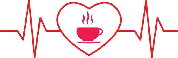batimento cardíaco vermelho com forma de café em fundo branco. batimento cardíaco com sinal de coração. símbolo de batimento cardíaco. estilo plano. vetor
