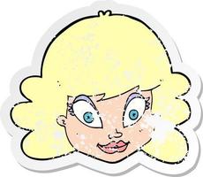 adesivo retrô angustiado de um rosto feminino feliz de desenho animado vetor
