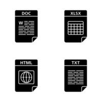 conjunto de ícones de glifo de formato de arquivos. web de texto e arquivos de dados. doc, xlsx, html, txt. símbolos de silhueta. ilustração vetorial isolada