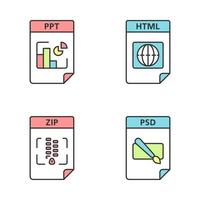 conjunto de ícones de cores de formato de arquivos. apresentação, página da web, arquivo, arquivos de imagem. ppt, html, zip, psd. ilustrações vetoriais isoladas