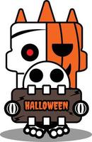 ilustração vetorial de personagem de mascote de abóbora dos desenhos animados de halloween crânio bonito segurando a placa de halloween vetor