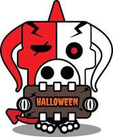 desenho de halloween desenho animado de diabo vermelho personagem mascote personagem ilustração vetorial crânio bonito segurando a placa de halloween vetor