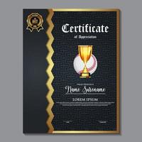 design de certificado de beisebol com vetor definido de taça de ouro. beisebol. modelo de prêmio esportivo. projeto de conquista. graduação