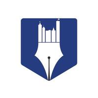 conceito criativo com design de logotipo de skyline de caneta e cidade. vetor