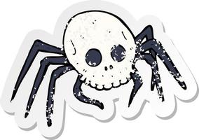 adesivo retrô angustiado de uma aranha de caveira de halloween assustadora de desenho animado vetor