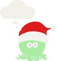polvo de desenho animado usando chapéu de natal e balão de pensamento em estilo retrô vetor