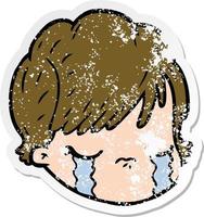 adesivo angustiado de um rosto feminino de desenho animado chorando vetor