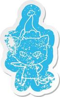 vinheta angustiada de desenho animado bonito de um gato usando vestido usando chapéu de papai noel vetor