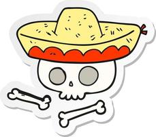 adesivo de um crânio de desenho animado com chapéu mexicano vetor