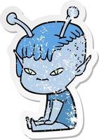 adesivo angustiado de uma linda garota alienígena de desenho animado vetor