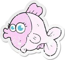 adesivo retrô angustiado de um peixe de desenho animado engraçado com grandes olhos bonitos vetor