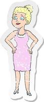 adesivo retrô angustiado de uma mulher de desenho animado usando vestido vetor