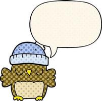 coruja de desenho animado bonito no chapéu e bolha de fala no estilo de quadrinhos vetor