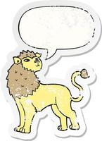 adesivo em apuros de leão de desenho animado e bolha de fala vetor