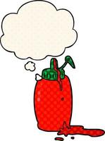 garrafa de ketchup de desenho animado e balão de pensamento no estilo de quadrinhos vetor