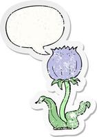 adesivo angustiado de flor selvagem de desenho animado e bolha de fala vetor