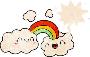nuvens de desenho animado feliz e arco-íris e bolha de fala em estilo retrô-texturizado vetor