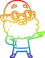 desenho de linha de gradiente de arco-íris desenho animado homem curioso com barba e óculos vetor