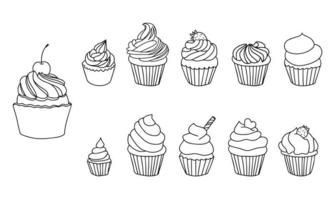 conjunto de cupcakes. ilustração desenhada à mão em preto e branco de cupcakes decorados com creme, donut, cereja e corações. isolado no fundo branco. vetor