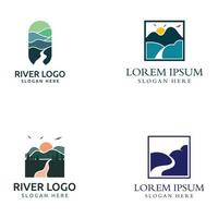 logotipos de rios, riachos, margens de rios e córregos. logotipo do rio com combinação de montanhas e terras agrícolas com modelo de ilustração vetorial de design de conceito. vetor