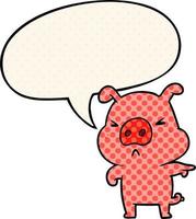 desenho animado porco com raiva apontando e bolha de fala no estilo de quadrinhos vetor