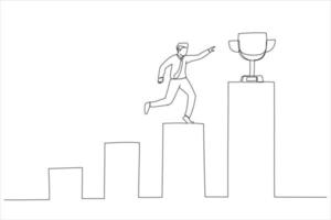 ilustração do empresário profissional intensificar o gráfico de barras crescente para ganhar o troféu. vencedor de negócios, conquista ou prêmio. um estilo de arte de linha contínua vetor