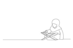 desenho de criança muçulmana indonésia asiática está lendo o Alcorão. arte de uma linha vetor