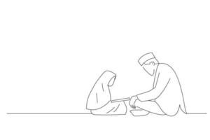ilustração de menina asiática muçulmana aprendendo a ler o Alcorão com professor muçulmano. estilo de arte de linha vetor