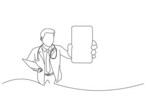ilustração do jovem médico segurando um telefone celular. arte de estilo de desenho de contorno vetor
