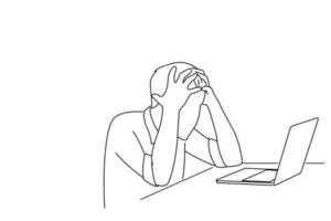 ilustração do jovem empresário estressado sentado com o laptop e tocando a cabeça com expressão facial chocada. estilo de desenho de arte oneline vetor