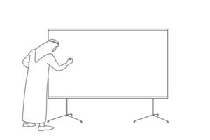 desenho do empresário árabe fazendo uma apresentação no escritório. empresário usando o quadro branco para apresentar ideias. arte de uma linha vetor