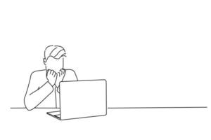 desenho animado do empresário assustado ou nervoso sentado no café trabalhando online e roendo as unhas. arte de estilo de desenho de contorno vetor